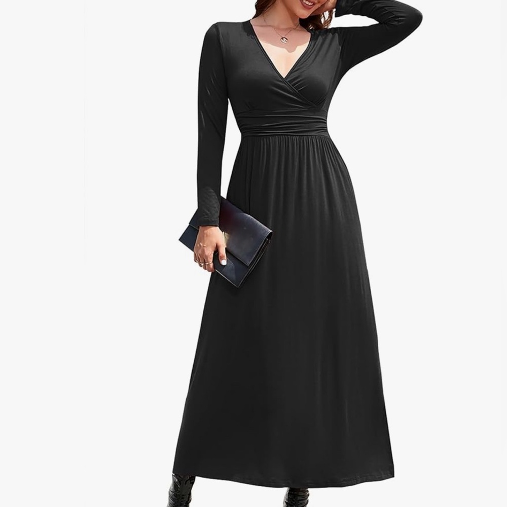 Women's Long Sleeve V-Neck Faux Wrap Waist Maxi Dress